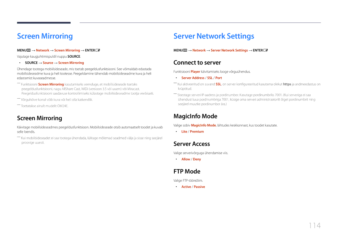 Samsung LH24OMEPWBC/EN manual Screen Mirroring, Server Network Settings, 114 