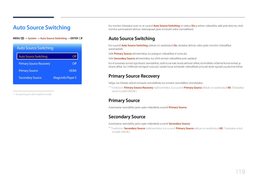 Samsung LH24OMEPWBC/EN manual Auto Source Switching, 119 