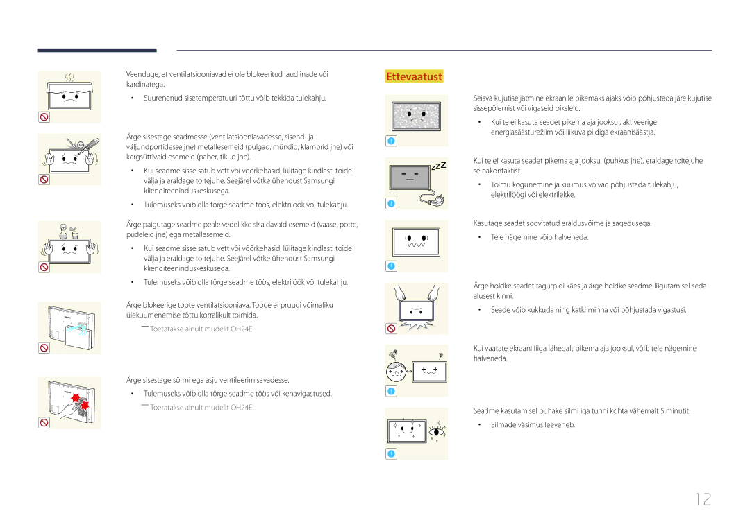 Samsung LH24OMEPWBC/EN manual Kergsüttivaid esemeid paber, tikud jne, Ärge sisestage sõrmi ega asju ventileerimisavadesse 