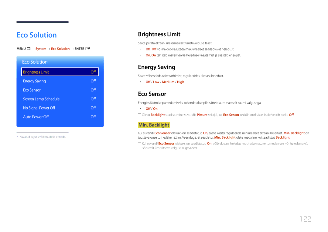 Samsung LH24OMEPWBC/EN manual Eco Solution, 122, Brightness Limit, Energy Saving, Eco Sensor 