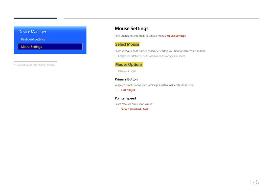 Samsung LH24OMEPWBC/EN manual 126, Mouse Settings, Select Mouse, Mouse Options, Keyboard Settings 