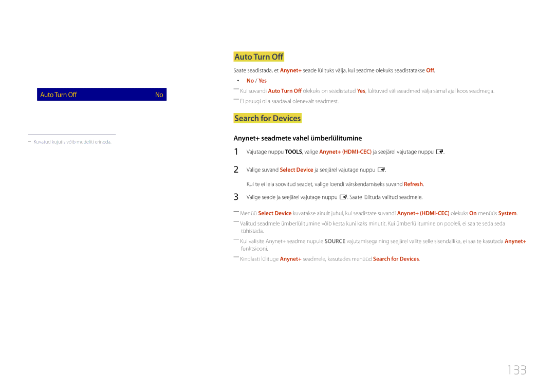 Samsung LH24OMEPWBC/EN manual 133, Anynet+ HDMI-CEC, Auto Turn Off, Search for Devices 