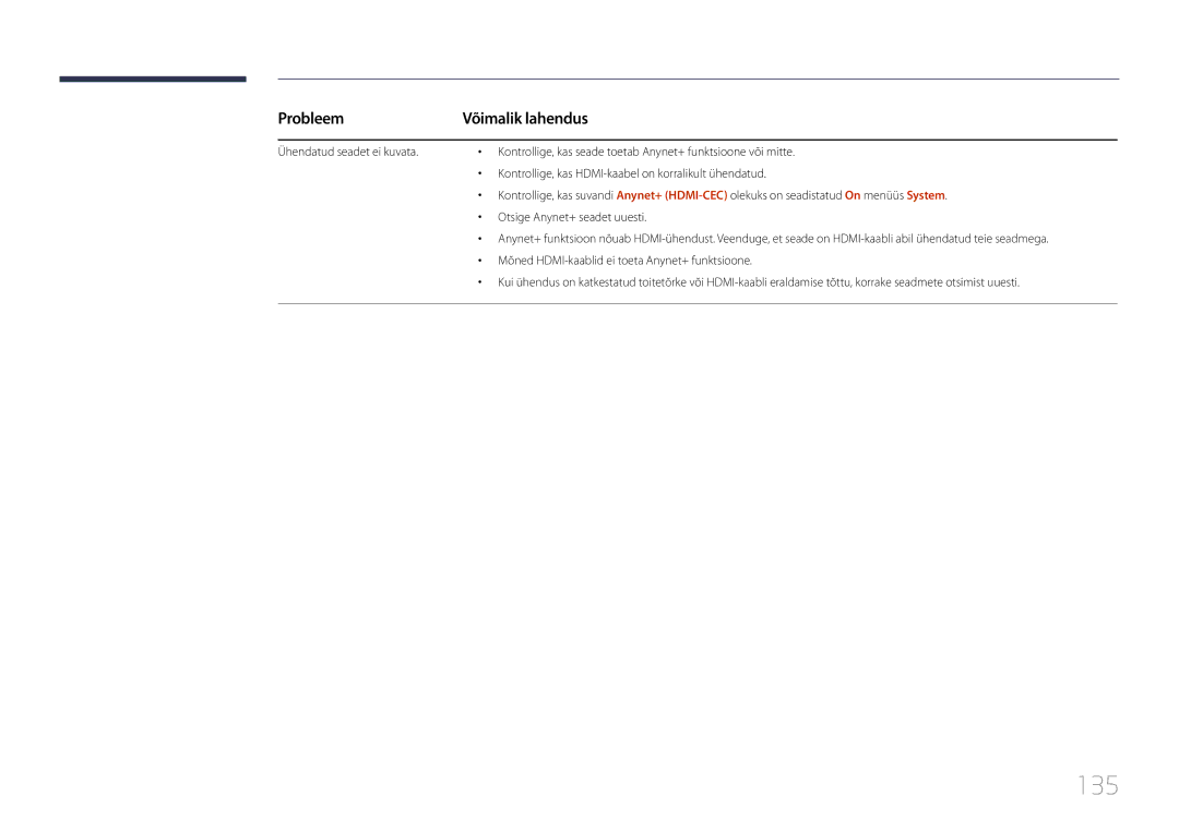 Samsung LH24OMEPWBC/EN manual 135, Mõned HDMI-kaablid ei toeta Anynet+ funktsioone 