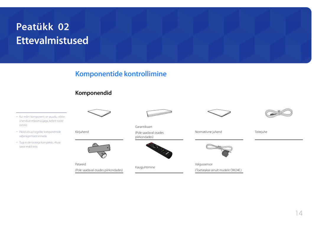 Samsung LH24OMEPWBC/EN manual Ettevalmistused, Komponentide kontrollimine, Komponendid, Kaugjuhtimine 