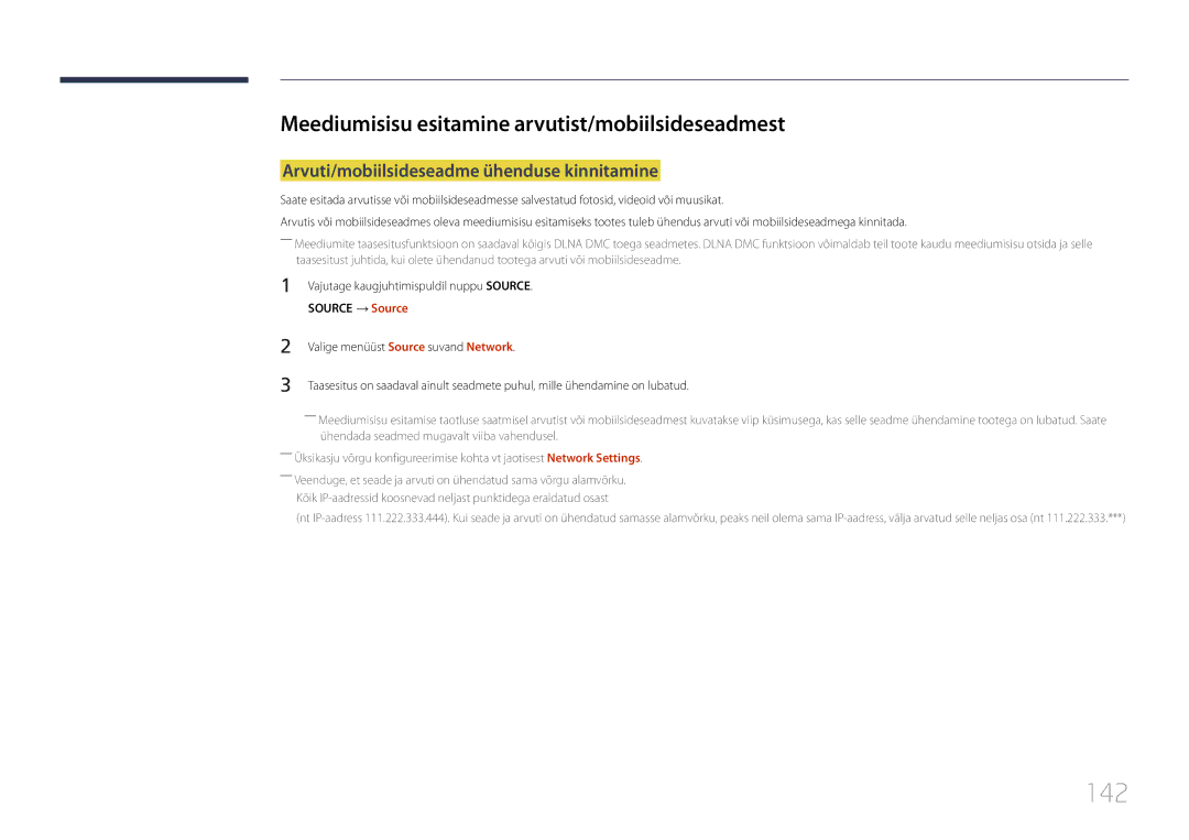 Samsung LH24OMEPWBC/EN manual 142, Meediumisisu esitamine arvutist/mobiilsideseadmest 