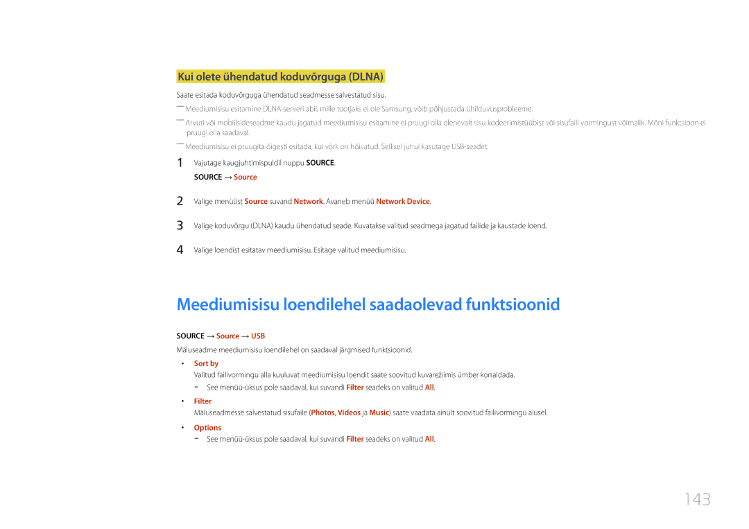 Samsung LH24OMEPWBC/EN manual Meediumisisu loendilehel saadaolevad funktsioonid, 143, Kui olete ühendatud koduvõrguga Dlna 