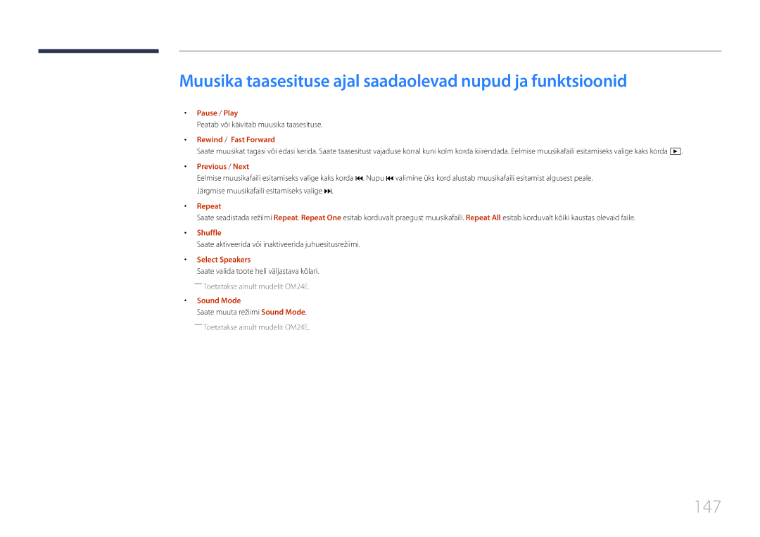 Samsung LH24OMEPWBC/EN manual Muusika taasesituse ajal saadaolevad nupud ja funktsioonid, 147, Shuffle 