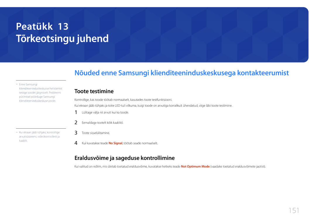 Samsung LH24OMEPWBC/EN manual Tõrkeotsingu juhend, 151, Toote testimine, Eraldusvõime ja sageduse kontrollimine 