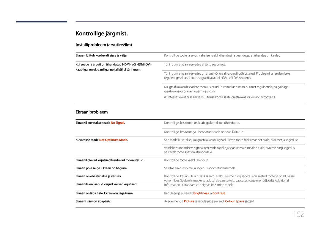 Samsung LH24OMEPWBC/EN manual 152, Kontrollige järgmist, Installiprobleem arvutirežiim, Ekraaniprobleem 