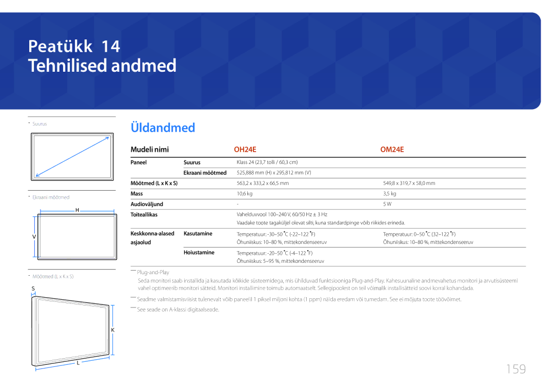 Samsung LH24OMEPWBC/EN manual Tehnilised andmed, Üldandmed, 159 