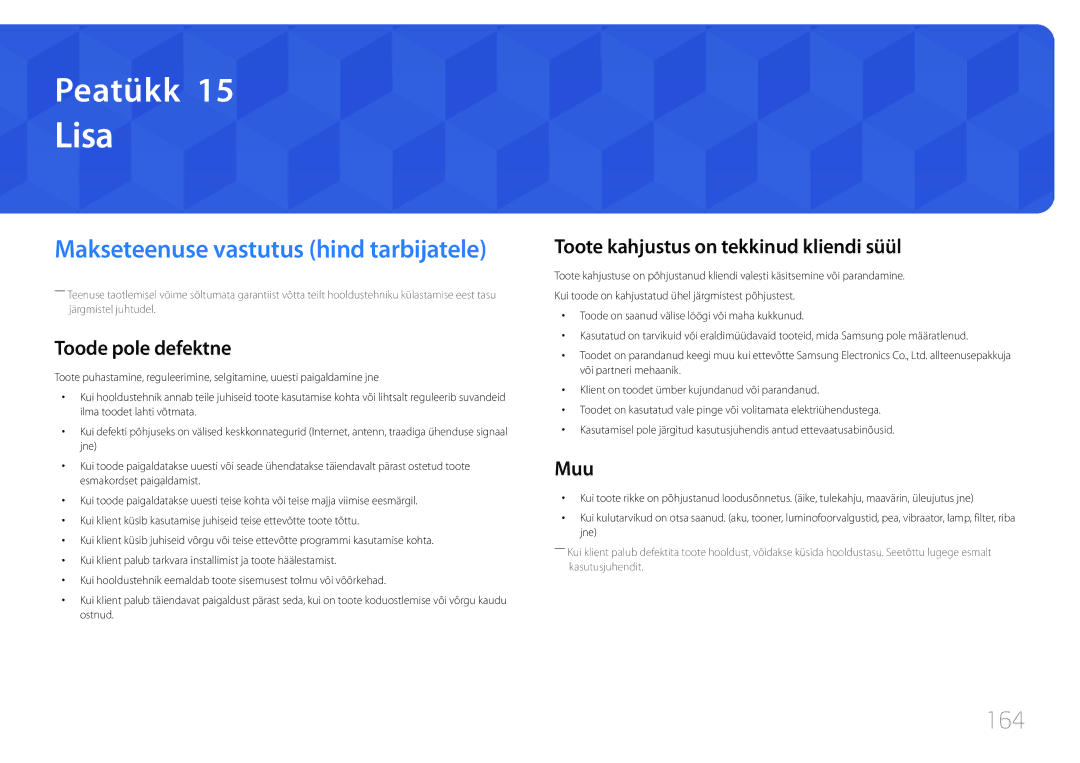 Samsung LH24OMEPWBC/EN manual Lisa, 164, Toode pole defektne, Toote kahjustus on tekkinud kliendi süül, Muu 