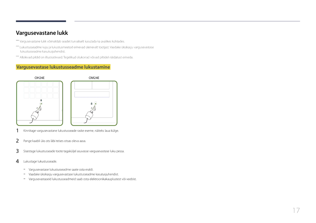 Samsung LH24OMEPWBC/EN manual Vargusevastane lukk, Vargusevastase lukustusseadme lukustamine 