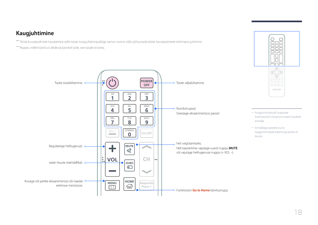 Samsung LH24OMEPWBC/EN manual Kaugjuhtimine, Funktsiooni Go to Home käivitusnupp 