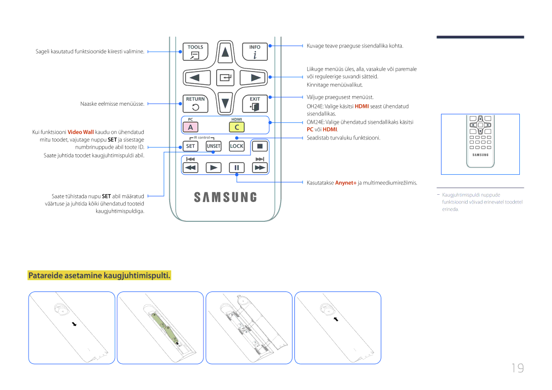 Samsung LH24OMEPWBC/EN manual Patareide asetamine kaugjuhtimispulti, Saate juhtida toodet kaugjuhtimispuldi abil 