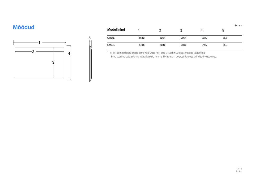 Samsung LH24OMEPWBC/EN manual Mõõdud, Mudeli nimi, Ühik mm 