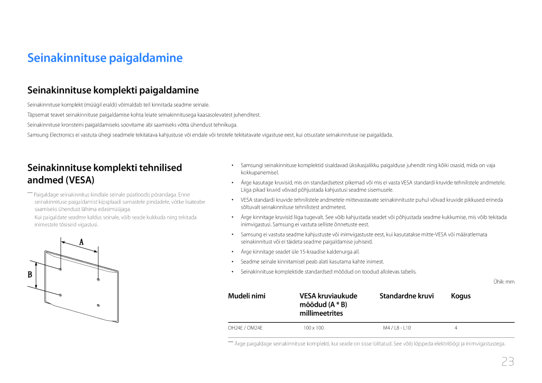 Samsung LH24OMEPWBC/EN Seinakinnituse paigaldamine, Seinakinnituse komplekti paigaldamine, Mõõdud a * B Millimeetrites 