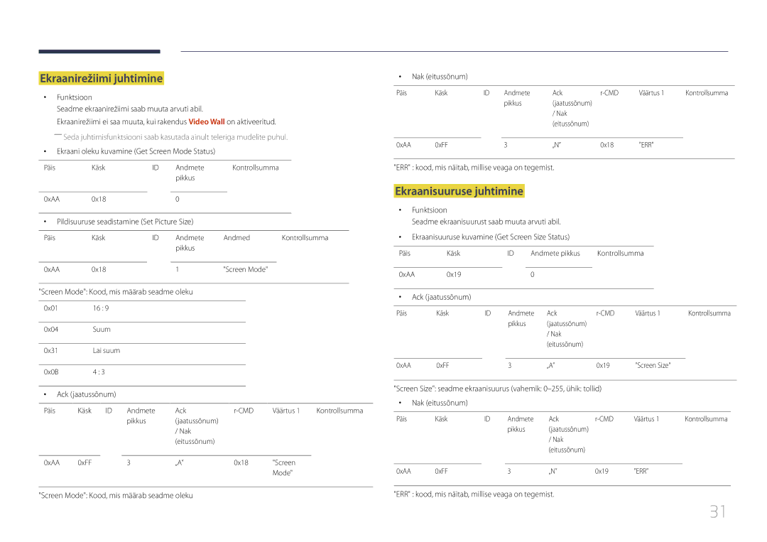 Samsung LH24OMEPWBC/EN manual Ekraanirežiimi juhtimine, Ekraanisuuruse juhtimine 