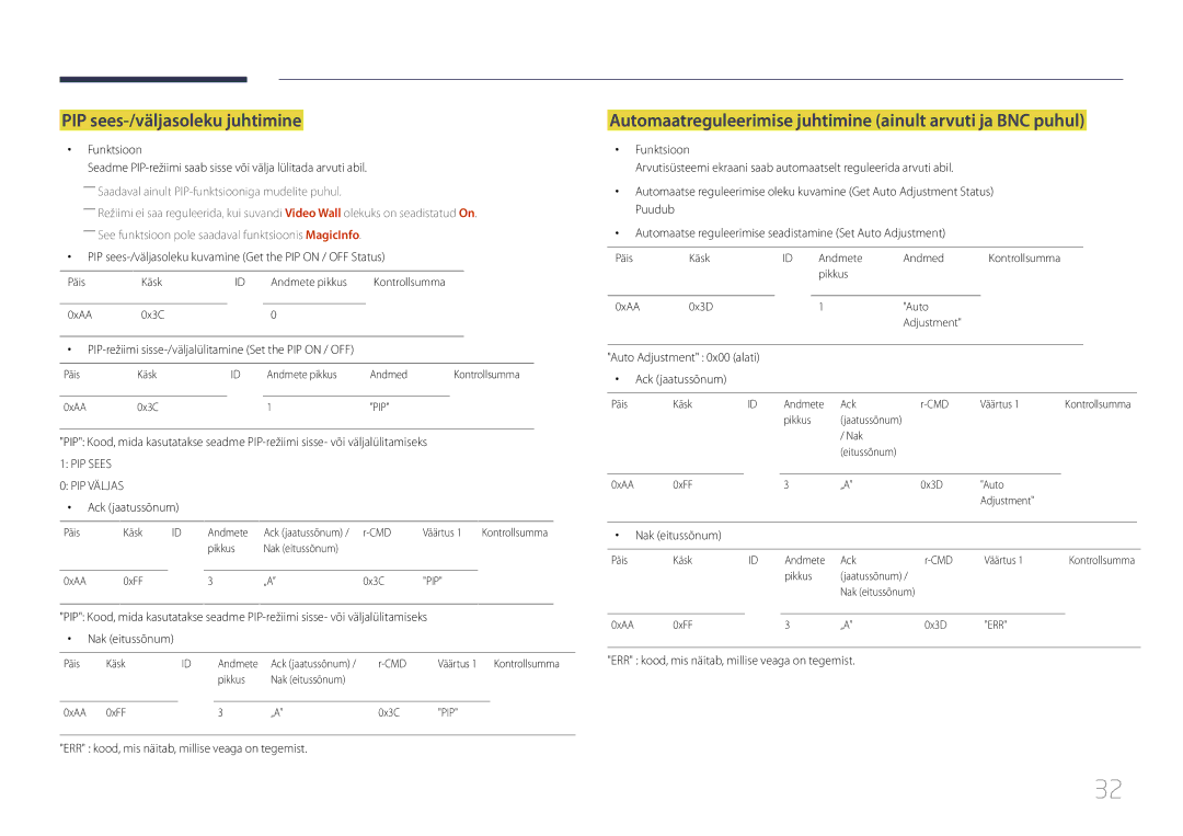 Samsung LH24OMEPWBC/EN manual PIP sees-/väljasoleku juhtimine, Automaatreguleerimise juhtimine ainult arvuti ja BNC puhul 