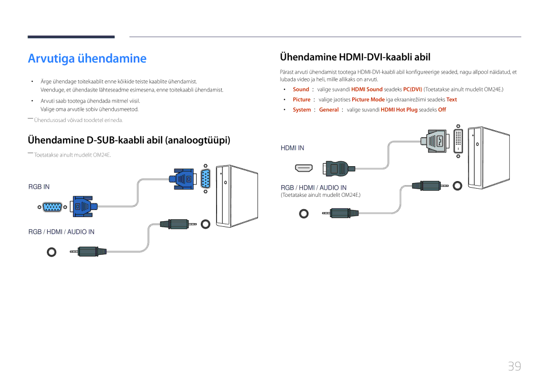 Samsung LH24OMEPWBC/EN Arvutiga ühendamine, Ühendamine D-SUB-kaabli abil analoogtüüpi, Ühendamine HDMI-DVI-kaabli abil 