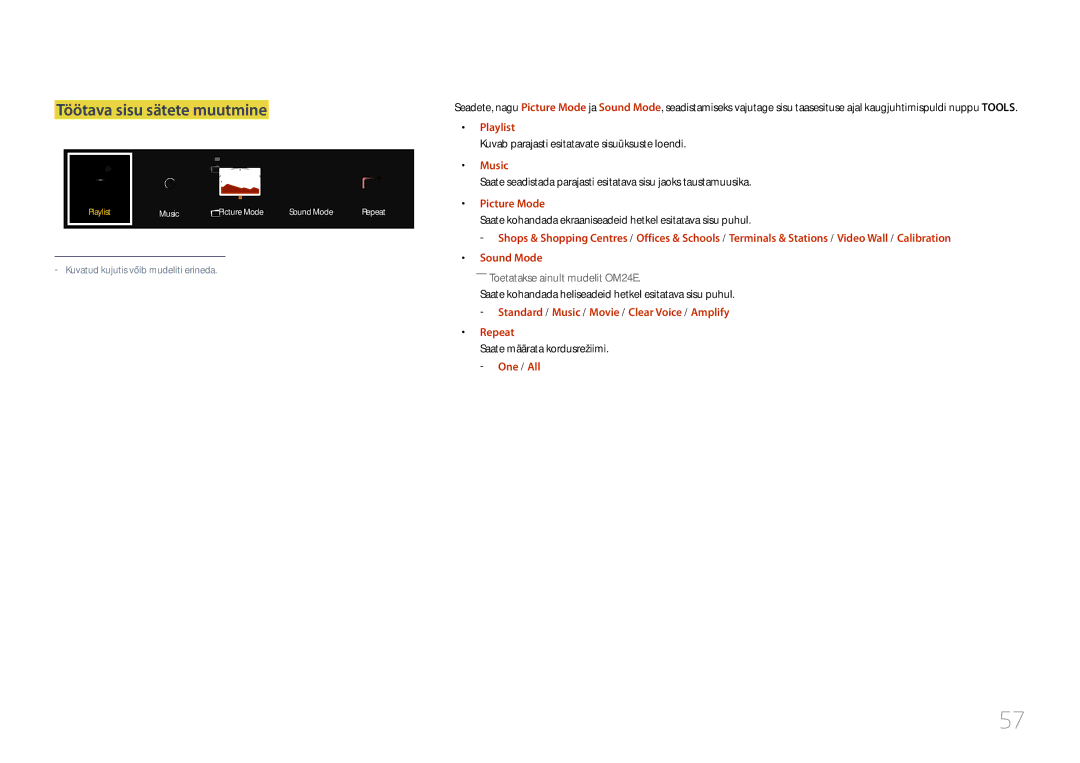 Samsung LH24OMEPWBC/EN manual Töötava sisu sätete muutmine, Playlist, Music, Picture Mode, Repeat 