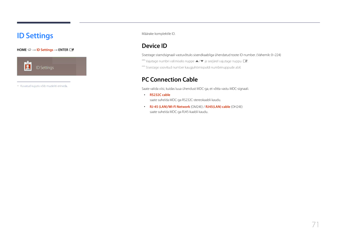 Samsung LH24OMEPWBC/EN manual ID Settings, Device ID, PC Connection Cable, RS232C cable 