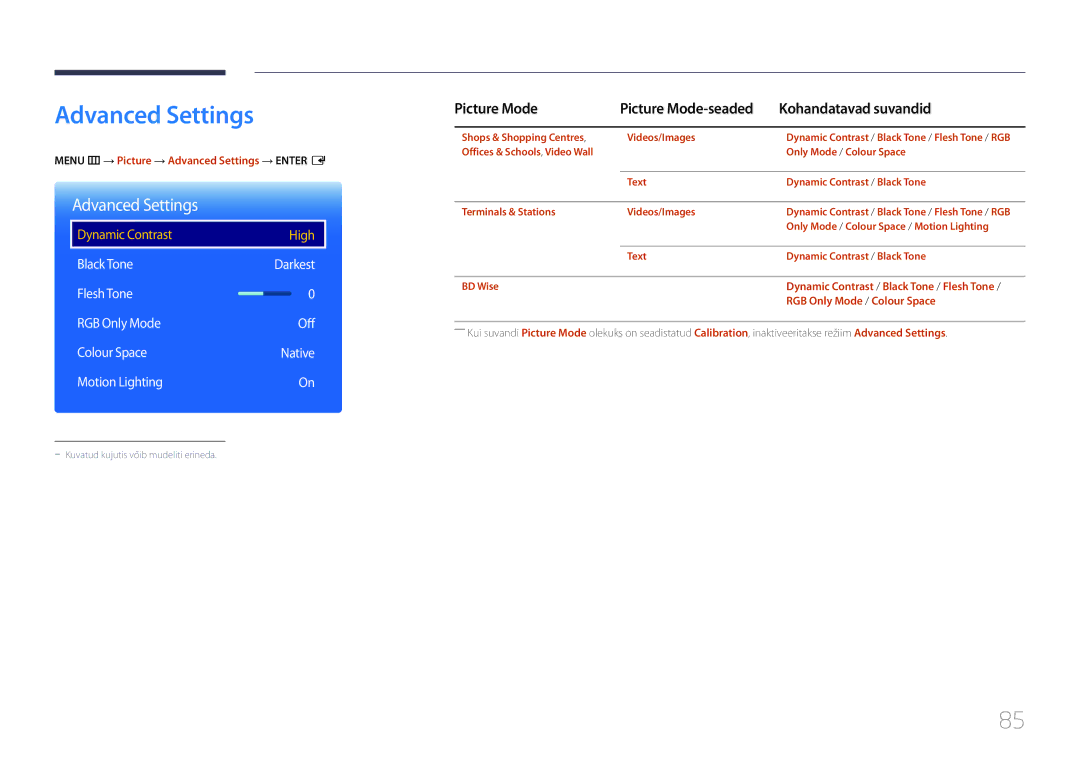 Samsung LH24OMEPWBC/EN Menu m → Picture → Advanced Settings → Enter E, Dynamic Contrast / Black Tone / Flesh Tone 