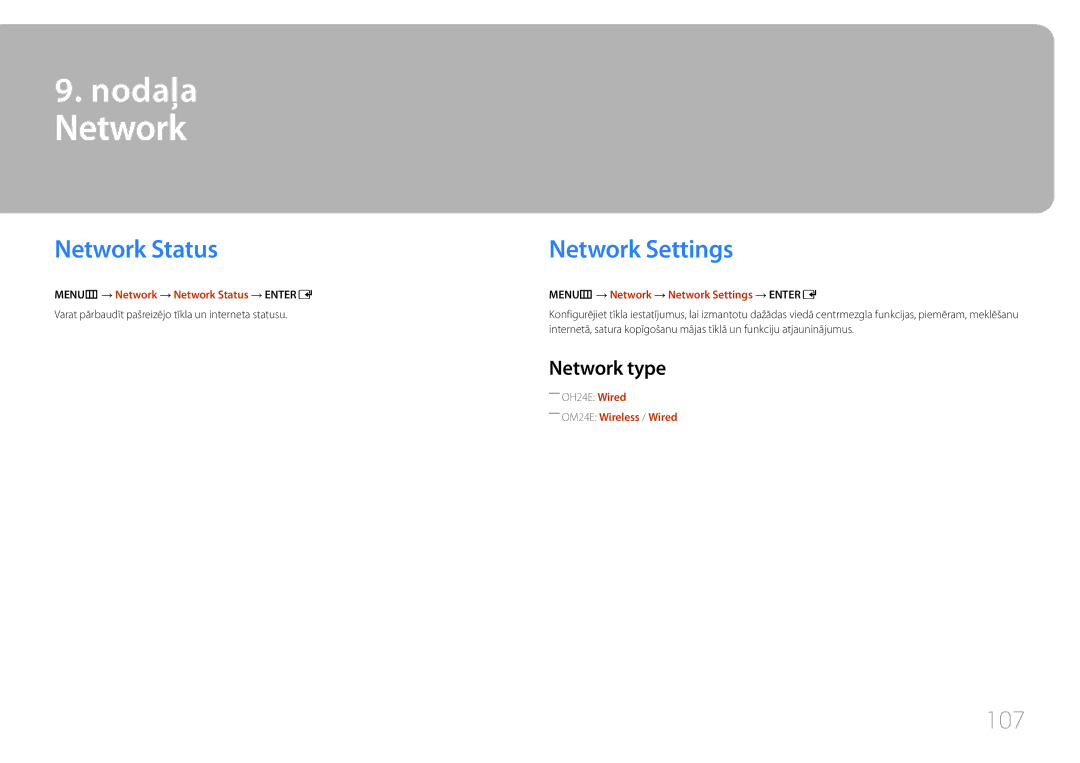 Samsung LH24OMEPWBC/EN manual Network Settings, 107, Network type 