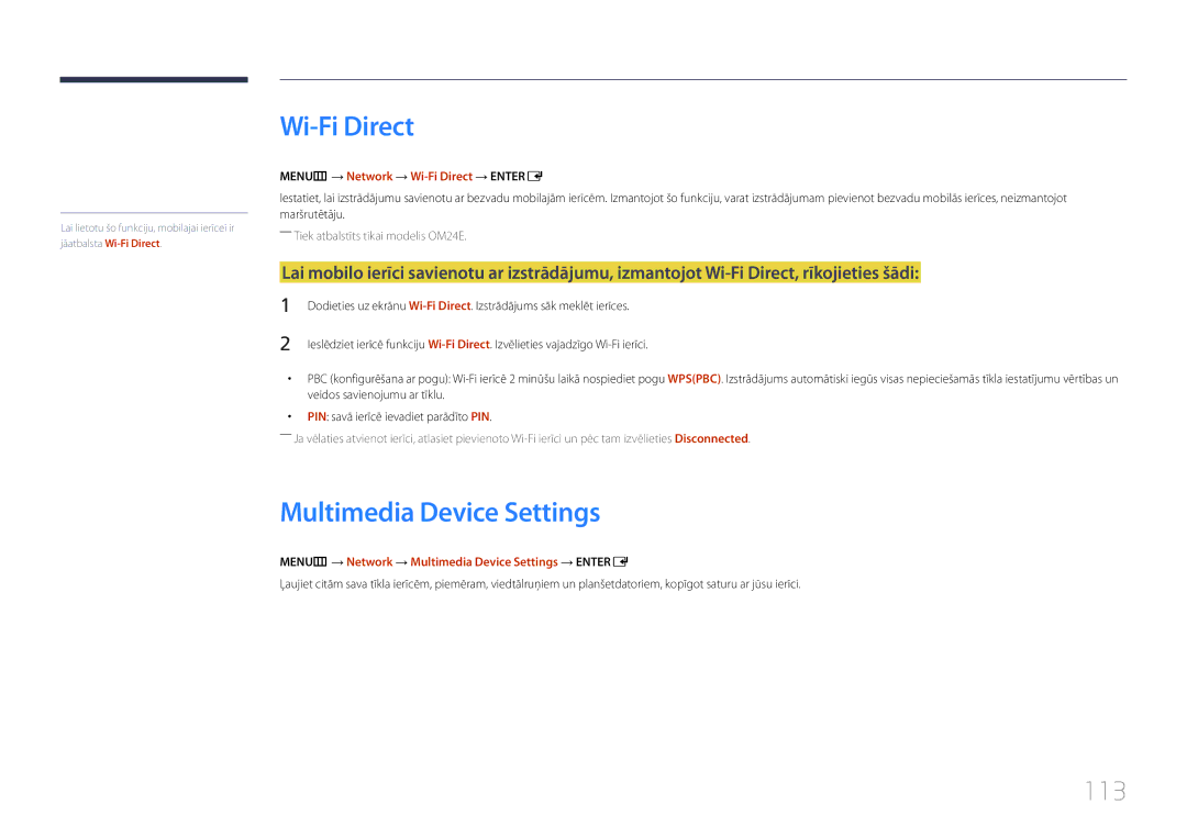 Samsung LH24OMEPWBC/EN manual Multimedia Device Settings, 113, MENUm → Network → Wi-Fi Direct → Entere 