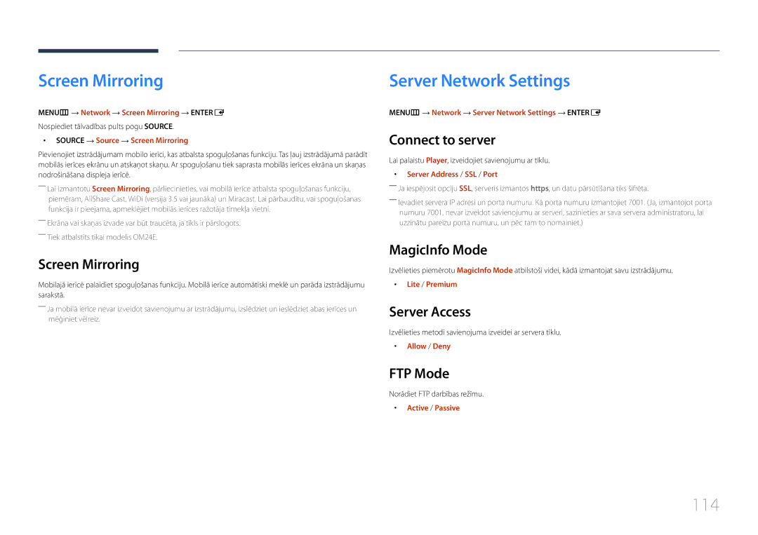 Samsung LH24OMEPWBC/EN manual Screen Mirroring, Server Network Settings, 114 