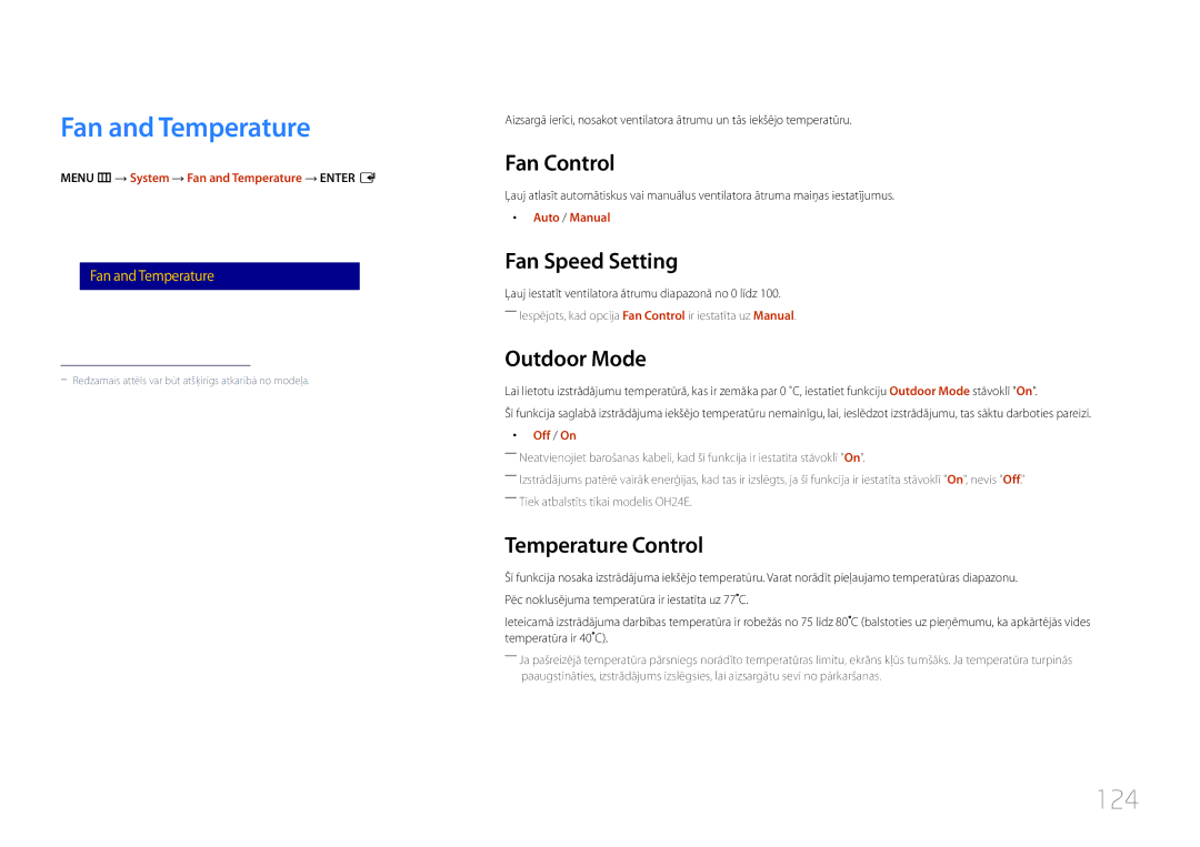 Samsung LH24OMEPWBC/EN manual Fan and Temperature, 124 