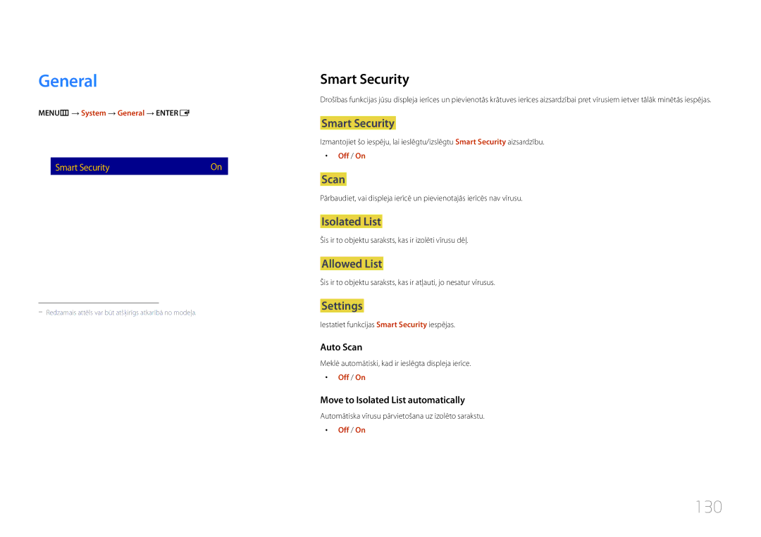 Samsung LH24OMEPWBC/EN manual General, 130, Smart Security 