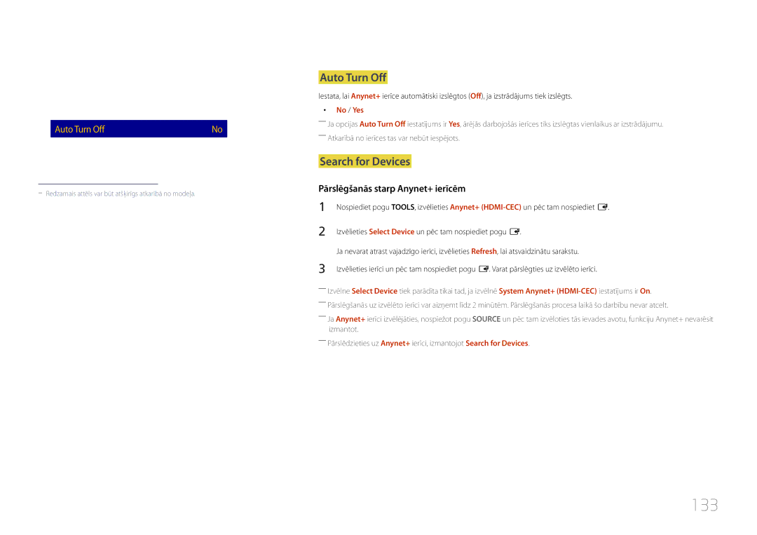 Samsung LH24OMEPWBC/EN manual 133, Anynet+ HDMI-CEC, Auto Turn Off, Search for Devices, Pārslēgšanās starp Anynet+ ierīcēm 