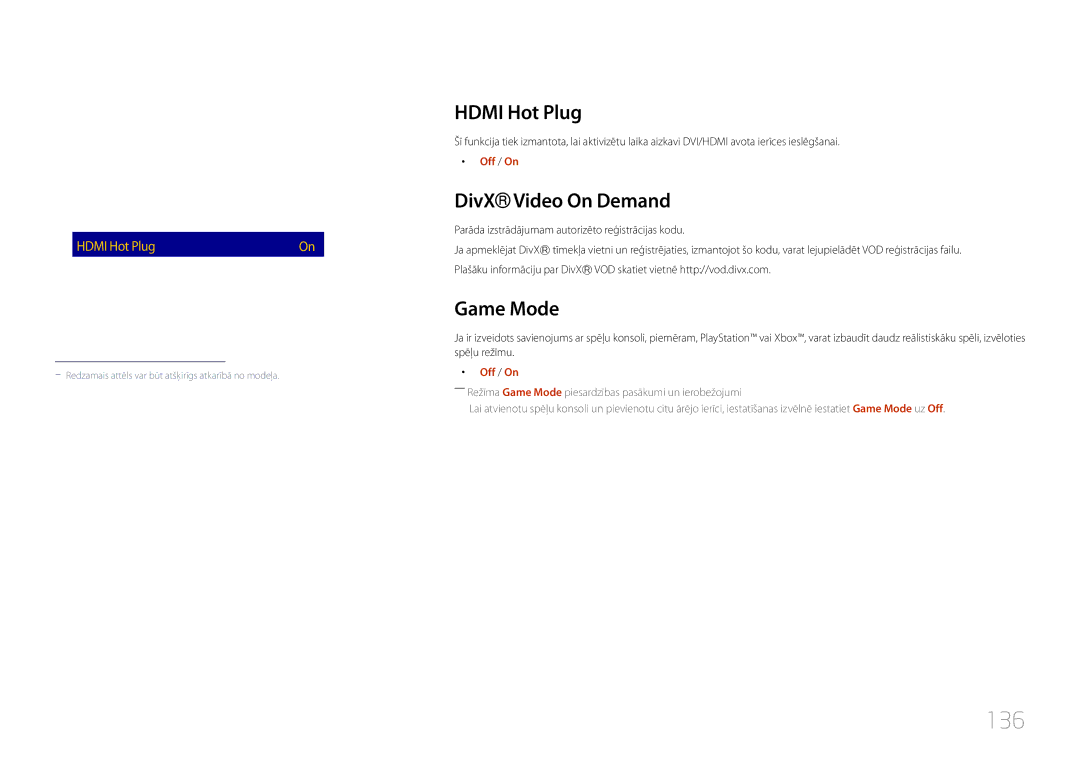 Samsung LH24OMEPWBC/EN manual 136, Hdmi Hot Plug, DivX Video On Demand, Game Mode 