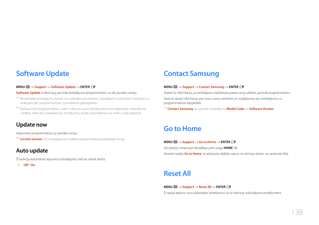 Samsung LH24OMEPWBC/EN manual Atbalsts, Software Update, Contact Samsung, Go to Home, Reset All 