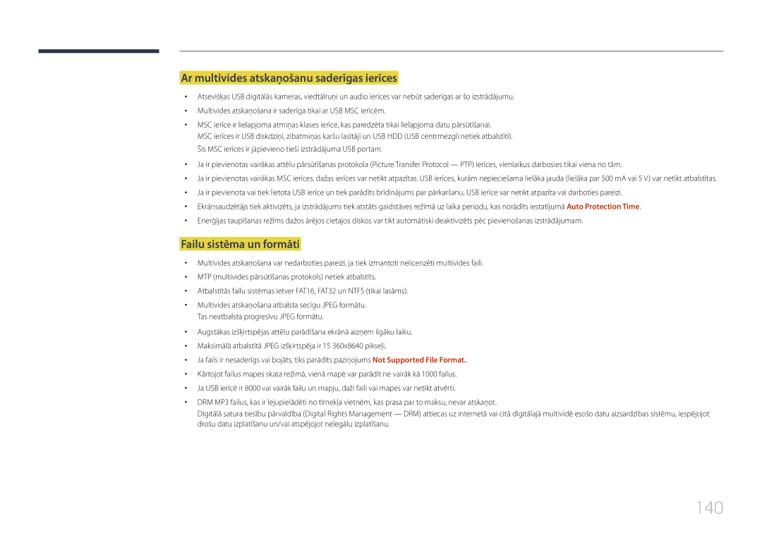 Samsung LH24OMEPWBC/EN manual 140, Ar multivides atskaņošanu saderīgas ierīces, Failu sistēma un formāti 