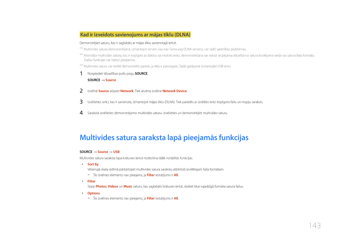 Samsung LH24OMEPWBC/EN manual Multivides satura saraksta lapā pieejamās funkcijas, 143, Source → Source → USB, Filter 