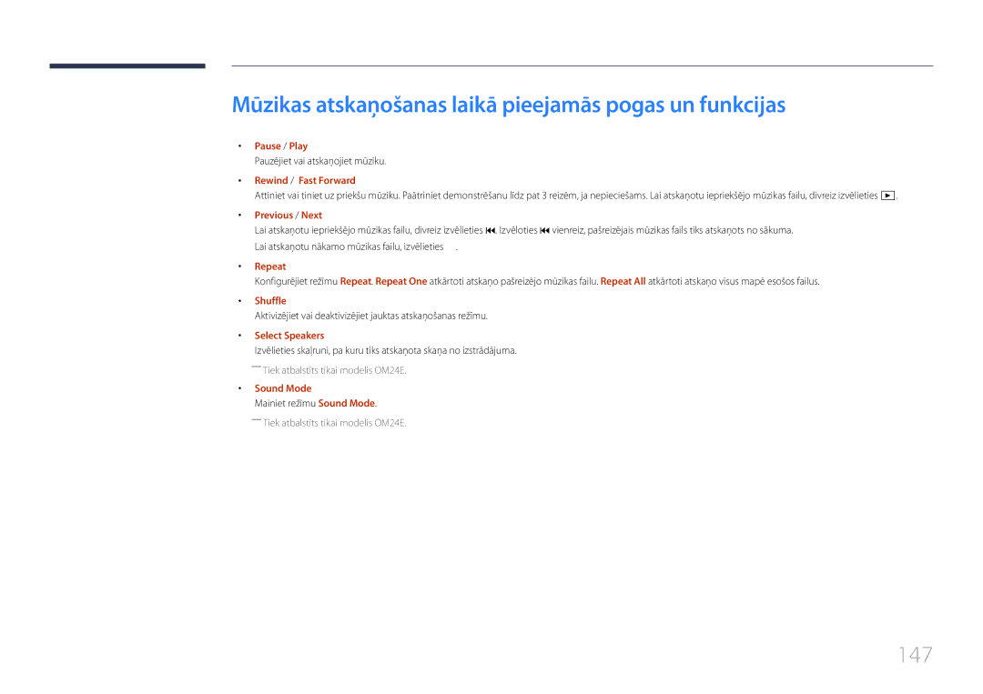 Samsung LH24OMEPWBC/EN manual Mūzikas atskaņošanas laikā pieejamās pogas un funkcijas, 147, Shuffle 
