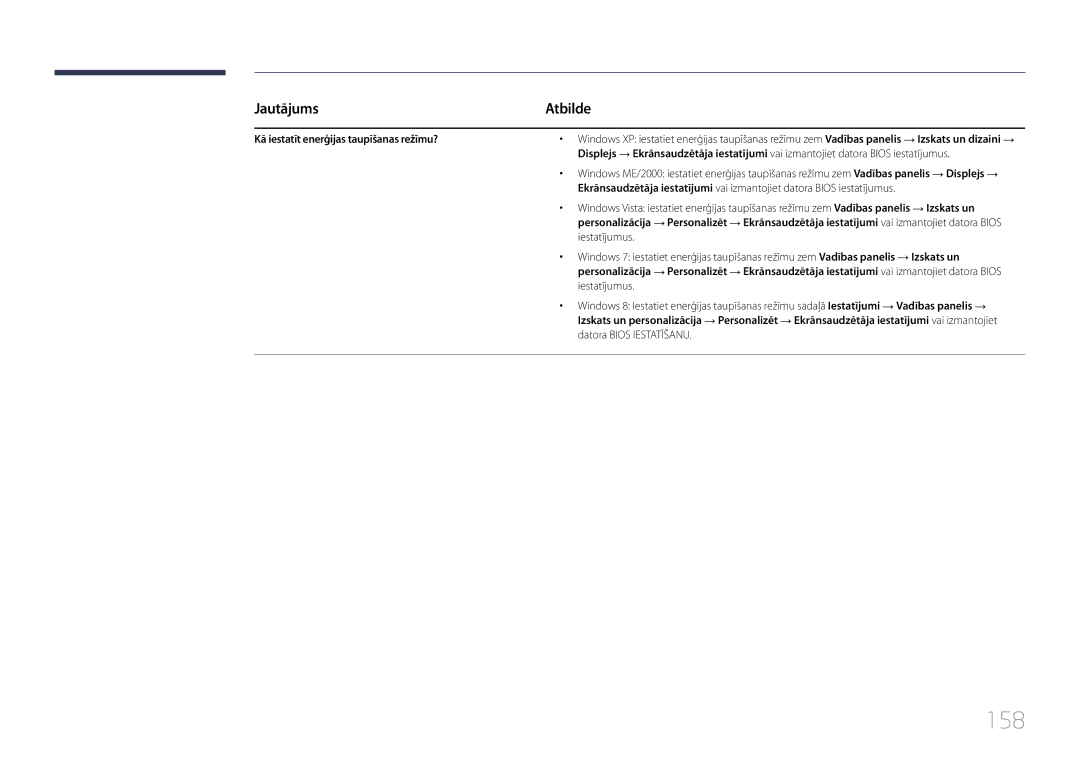 Samsung LH24OMEPWBC/EN manual 158, Kā iestatīt enerģijas taupīšanas režīmu?, Iestatījumus, Datora Bios Iestatīšanu 