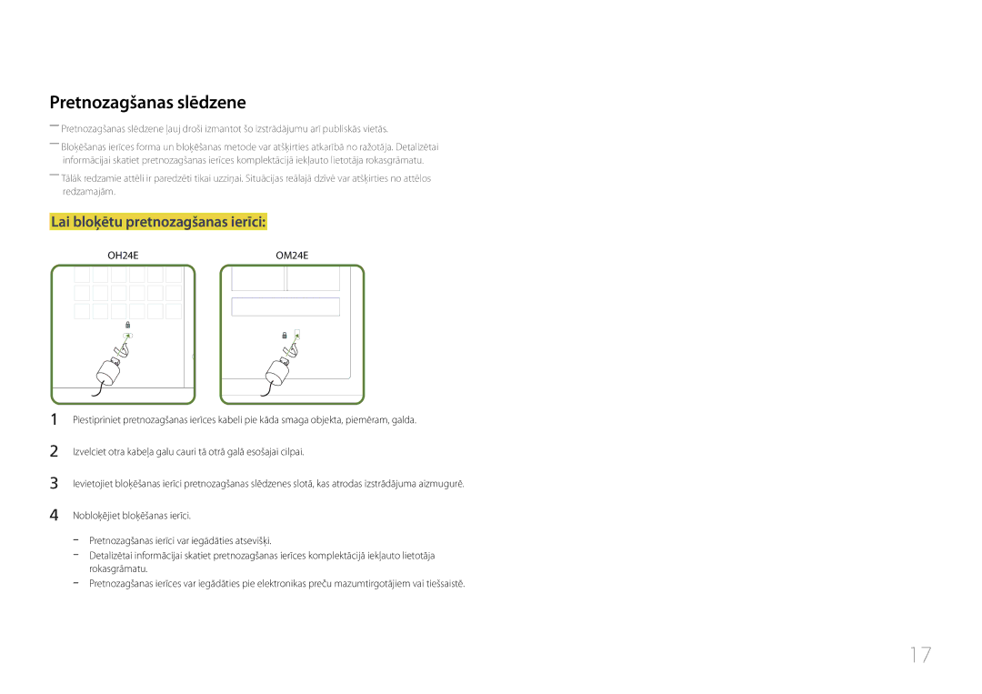 Samsung LH24OMEPWBC/EN manual Pretnozagšanas slēdzene, Lai bloķētu pretnozagšanas ierīci 