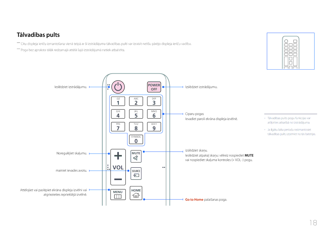 Samsung LH24OMEPWBC/EN manual Tālvadības pults, Go to Home palaišanas poga 