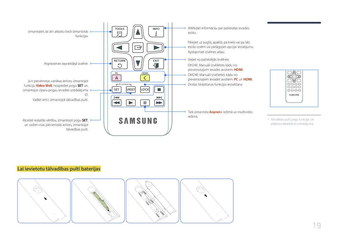 Samsung LH24OMEPWBC/EN manual Lai ievietotu tālvadības pultī baterijas, Attēlojiet informāciju par pašreizējo ievades avotu 