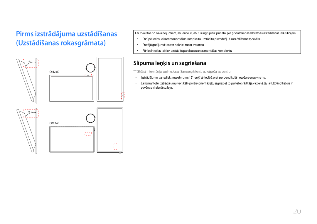 Samsung LH24OMEPWBC/EN manual Pirms izstrādājuma uzstādīšanas Uzstādīšanas rokasgrāmata, Slīpuma leņķis un sagriešana 