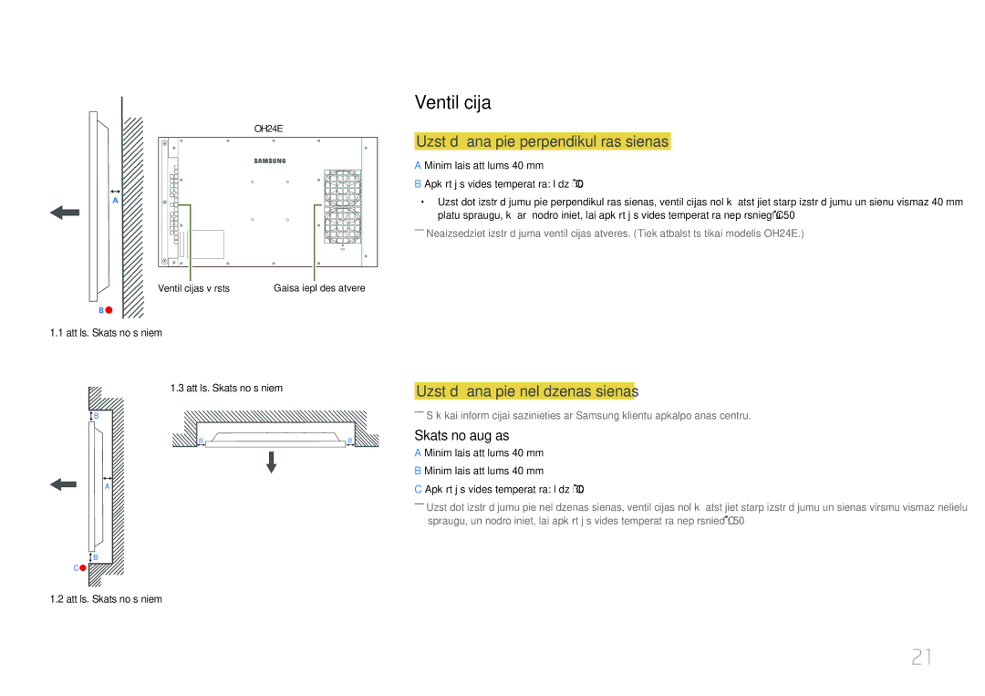 Samsung LH24OMEPWBC/EN manual Ventilācija, Uzstādīšana pie perpendikulāras sienas, Uzstādīšana pie nelīdzenas sienas 