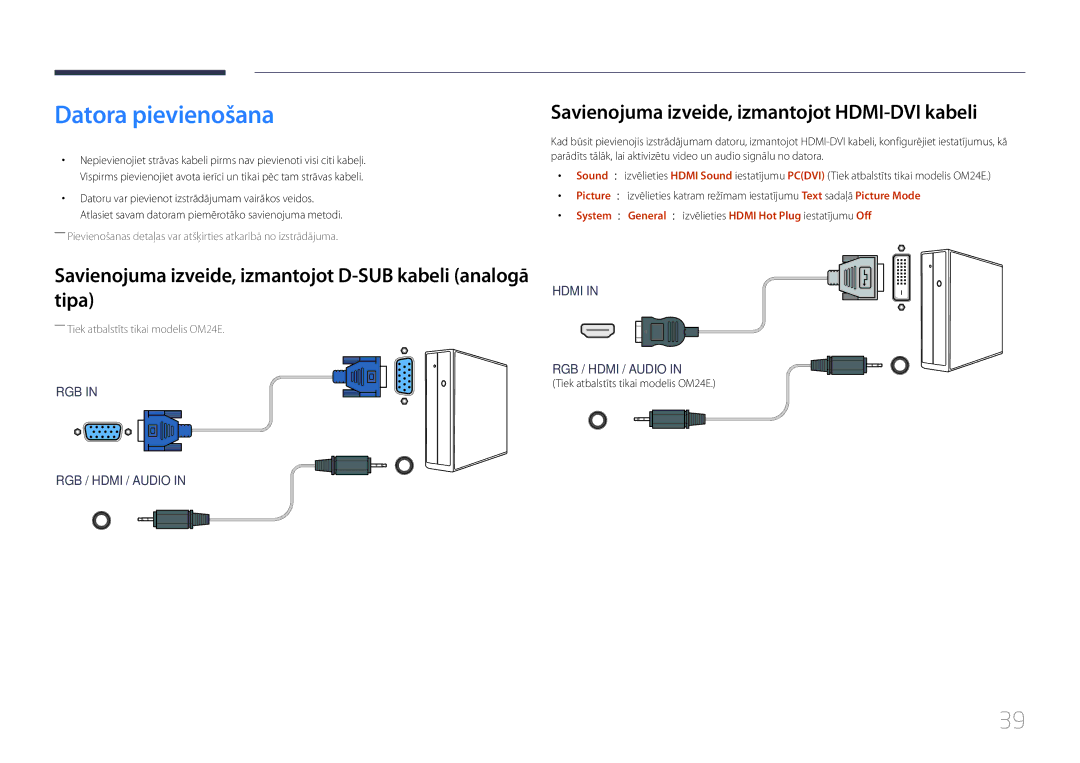 Samsung LH24OMEPWBC/EN manual Datora pievienošana, Savienojuma izveide, izmantojot HDMI-DVI kabeli 