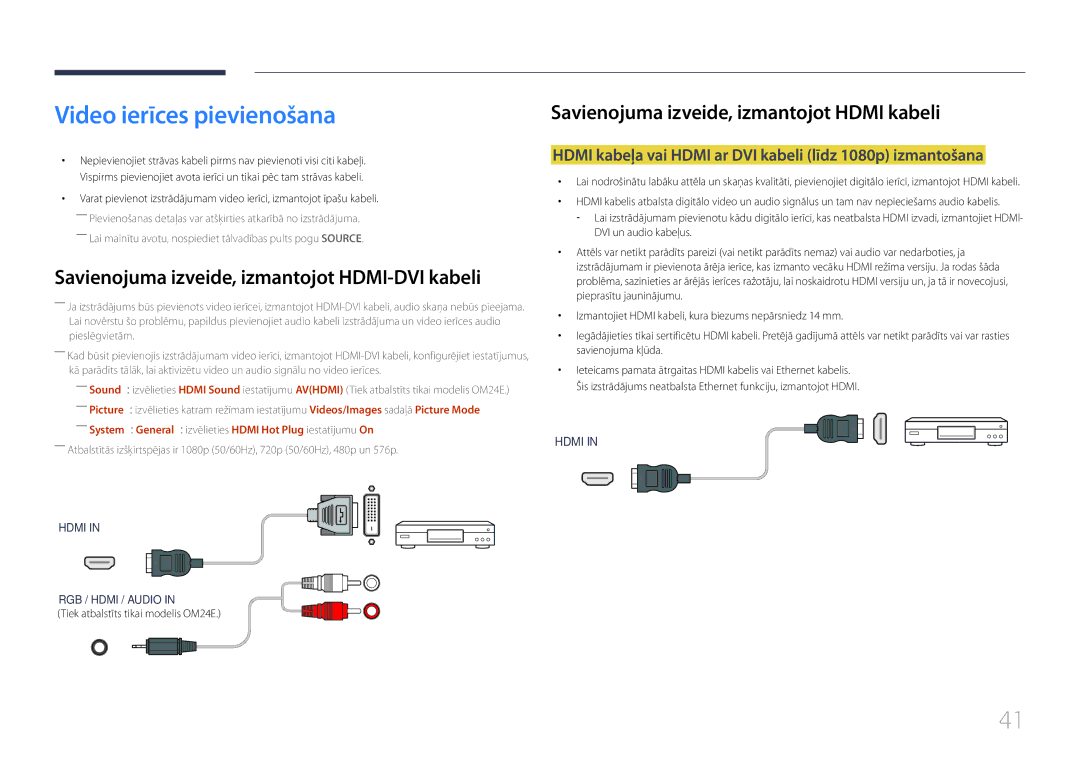 Samsung LH24OMEPWBC/EN manual Video ierīces pievienošana, Hdmi kabeļa vai Hdmi ar DVI kabeli līdz 1080p izmantošana 