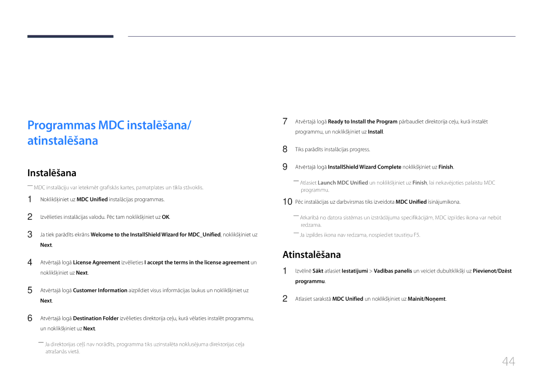 Samsung LH24OMEPWBC/EN manual MDC izmantošana, Programmas MDC instalēšana/ atinstalēšana, Atinstalēšana, Programmu 