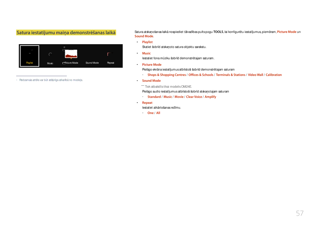 Samsung LH24OMEPWBC/EN manual Satura iestatījumu maiņa demonstrēšanas laikā, Playlist, Music, Picture Mode, Repeat 