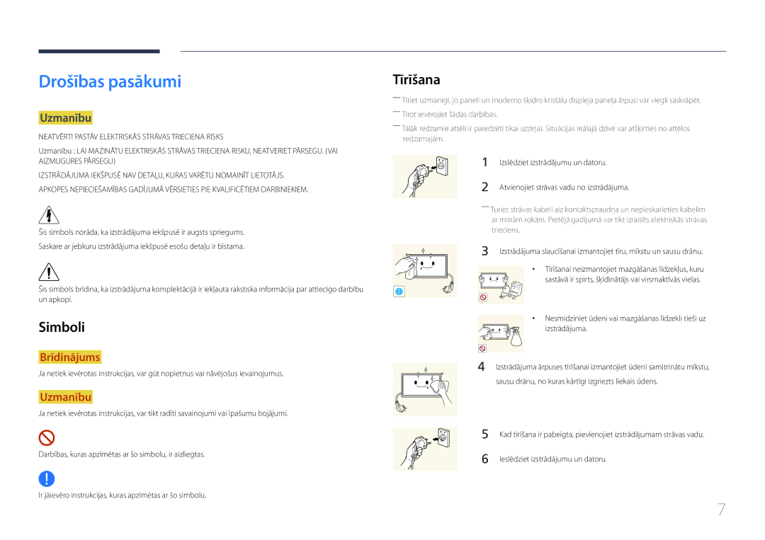 Samsung LH24OMEPWBC/EN manual Drošības pasākumi, Simboli, Tīrīšana, Uzmanību 