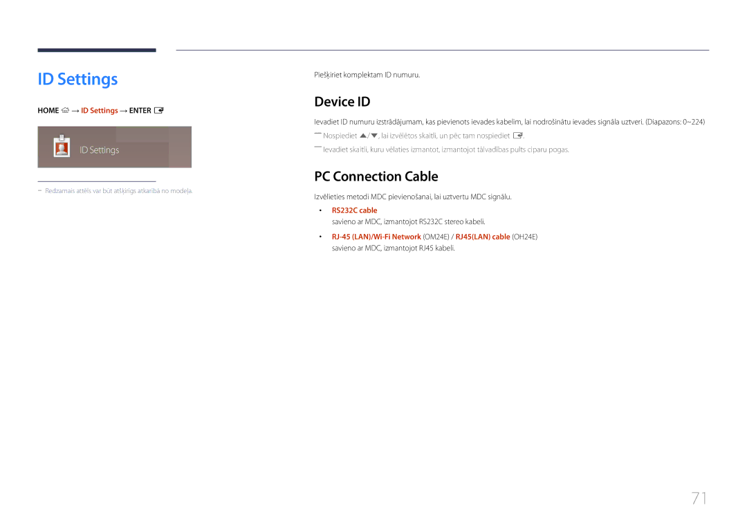 Samsung LH24OMEPWBC/EN manual ID Settings, Device ID, PC Connection Cable, RS232C cable 