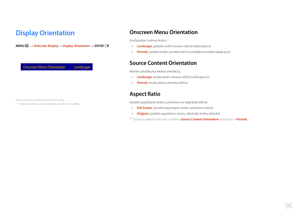 Samsung LH24OMEPWBC/EN manual Display Orientation, Onscreen Menu Orientation, Source Content Orientation, Aspect Ratio 